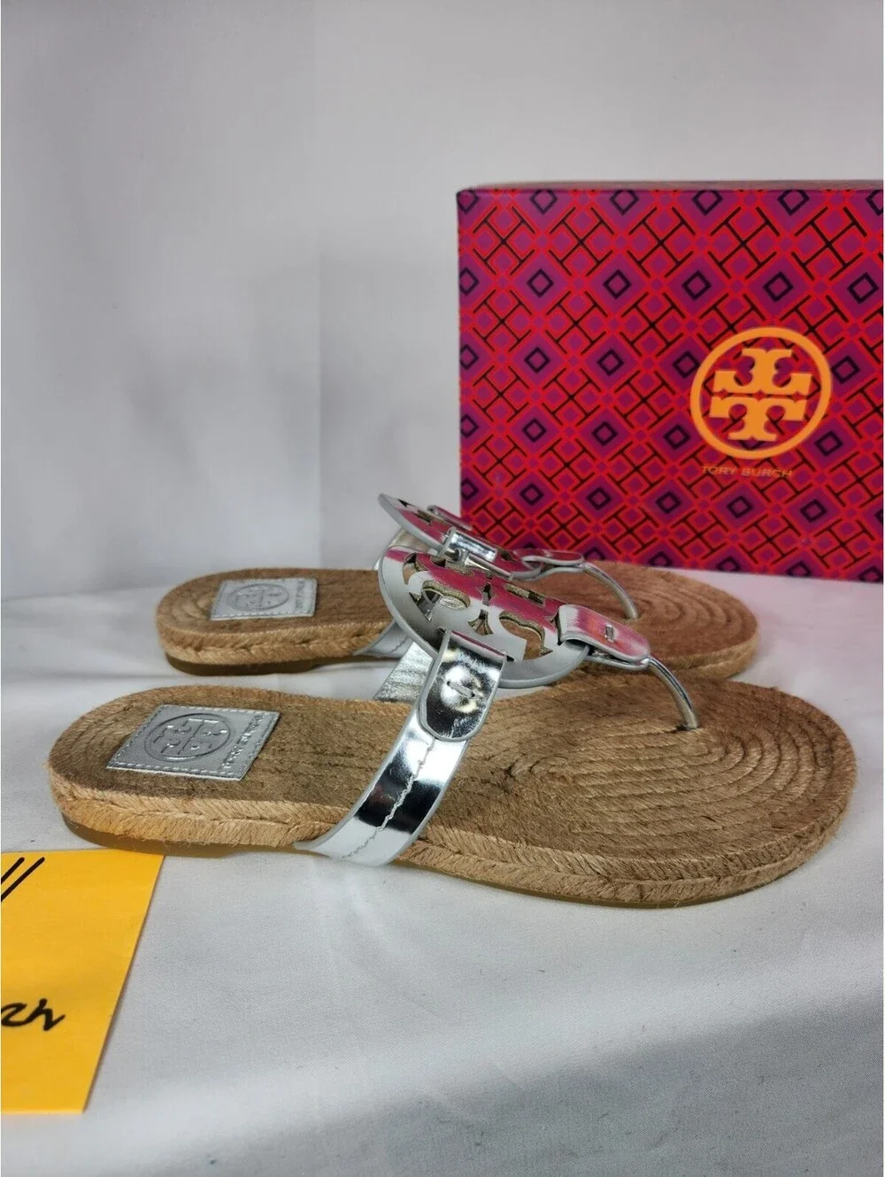 NIB Tory Burch Miller Metallic Silver Espadrille Thong Sandals Size 7.5